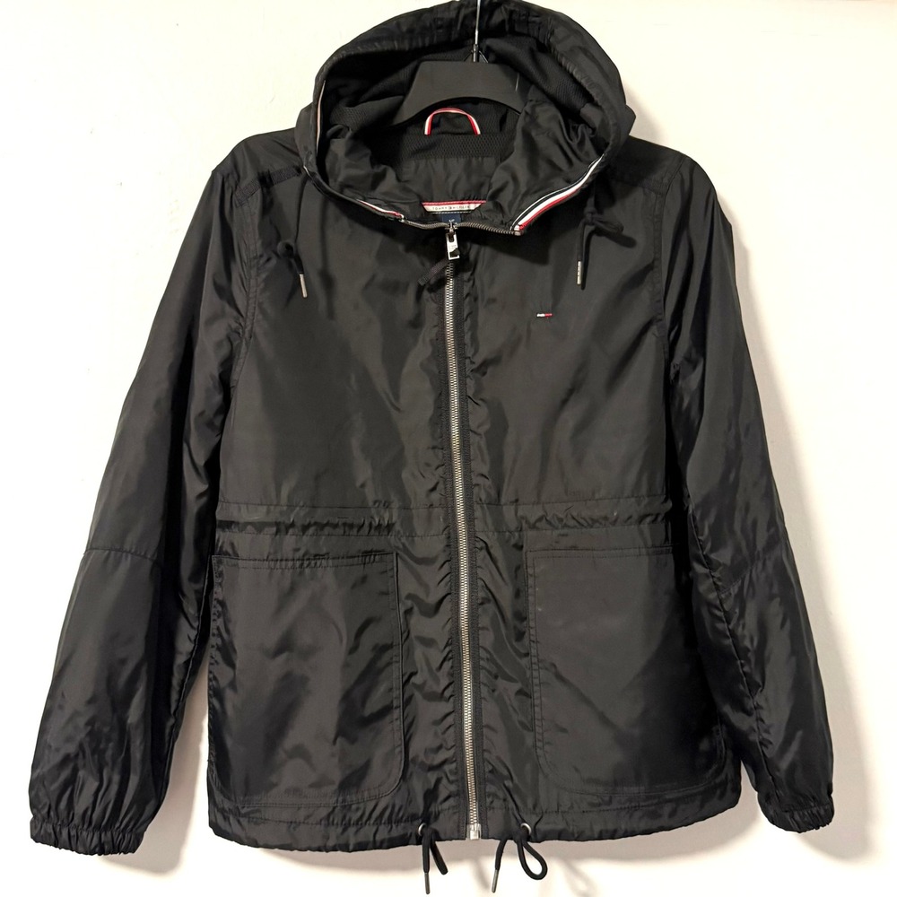 Tommy Hilfiger Women's Black Hooded Windbreaker Jacket Nylon Mesh‎ Lined Small S